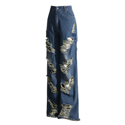 2025 Personalized fashion jeans  spring new versatile ripped design sense worn straight long wide-leg pants women