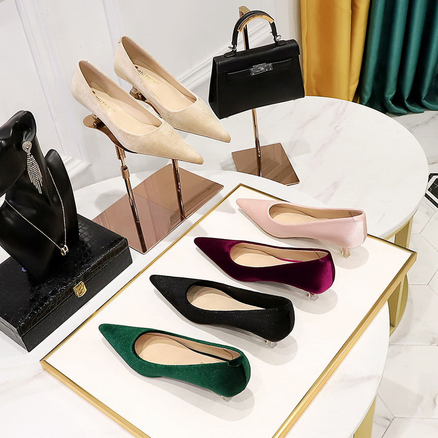 LOVECCR 2025 237-6  fashion simple banquet women's shoes thin heel medium heel shallow mouth pointed head thickened velvet surface Xishi velvet single shoes