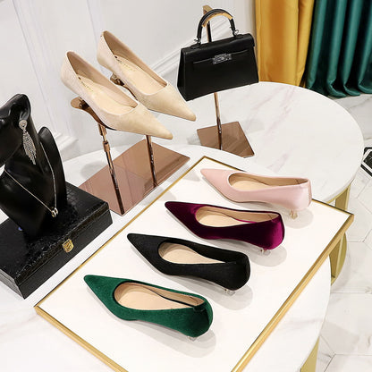 LOVECCR 2025 237-6  fashion simple banquet women's shoes thin heel medium heel shallow mouth pointed head thickened velvet surface Xishi velvet single shoes