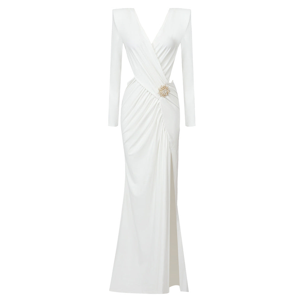 LOVECCR white long-sleeved pleated hollow V-neck cross dress New metal 2025 elastic women's dress