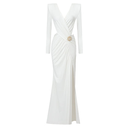 LOVECCR white long-sleeved pleated hollow V-neck cross dress New metal 2025 elastic women's dress