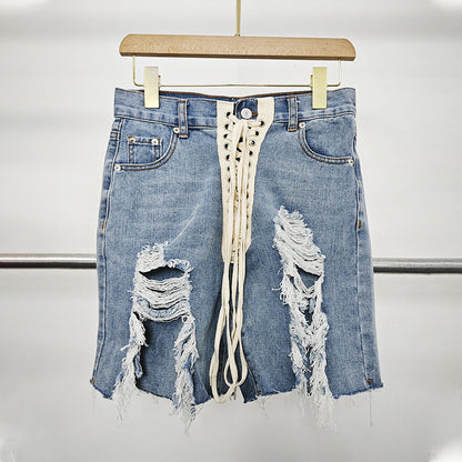 2025 Comfortable Casual High Waist Shorts Women's  Spring New Sexy Spice Girls Wind Cross Strap Ripped Denim Shorts