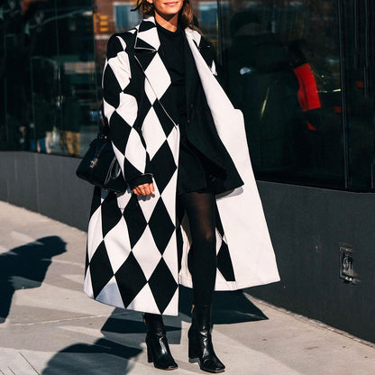 New new Popularan, n autumn Popular trade women's clothing  long-sleeved lapel jacket printed woolen long coat
