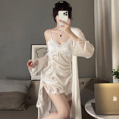 2025 Ice silk pajamas female sexy suspender nightgown spring and autumn long-sleeved thin lace pure desire loungewear set with chest pad