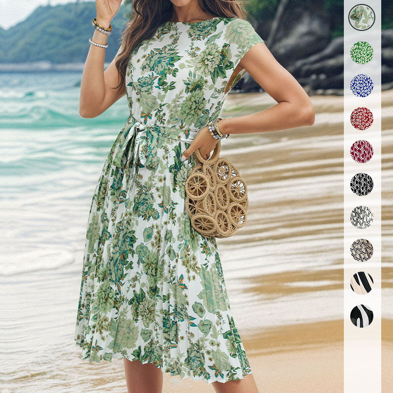 LOVECCR Summer short-sleeved lace-up pleated dress  temu hot sale fashionable women's clothing elegant temperament simple skirt