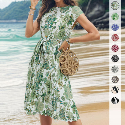 LOVECCR Summer short-sleeved lace-up pleated dress  temu hot sale fashionable women's clothing elegant temperament simple skirt