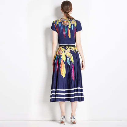 new pleated suit women's short-sleeved printed T-shirt skirt fashion temperament two-piece suit women