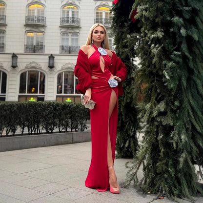 LOVECCR Red new rhinestone three-dimensional flower hollow velvet dress 2025 fashion backless dress Christmas dress
