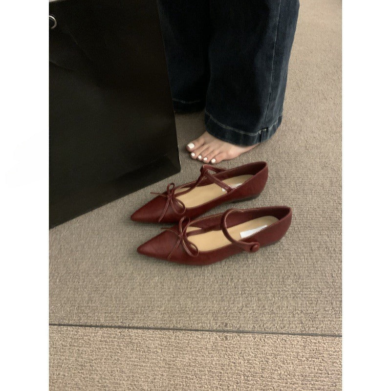 2025  Xiaoxiangfeng pointed red shoes women's new popular popular flat-bottomed small leather shoes spring and autumn Mary Jane single shoes