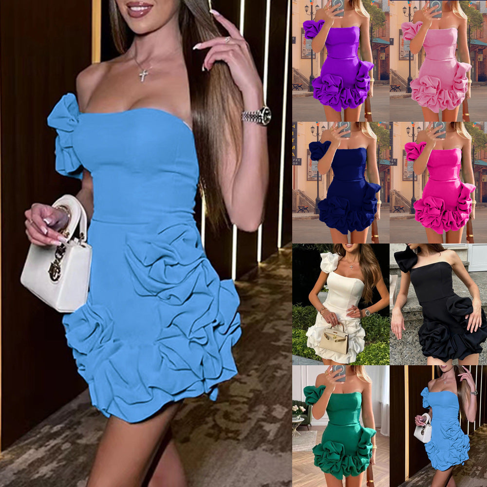 2025 25 Summer new New  women's clothing dress ruffle edge flower bud waist dress single shoulder tube top hip skirt