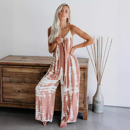 new New summer   women's jumpsuit suspenders sexy wide-leg casual printed trousers