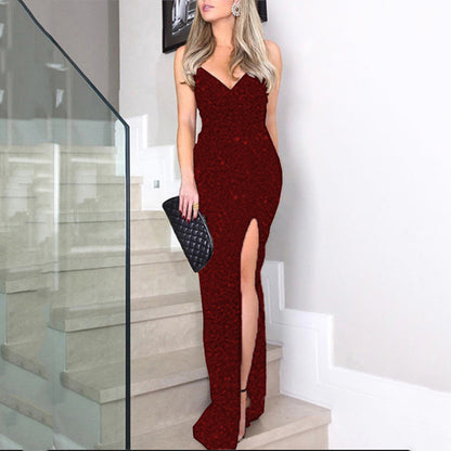 New summer new  women's clothing high-waisted sexy fashion dress suspender sequined split dress