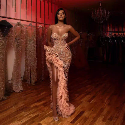 2025 New summer new 2025 women's clothing  dress fringed tail sexy gold tube top evening dress