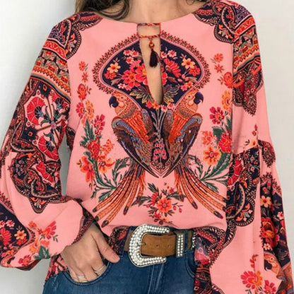 2025 spring and summer new women's clothing personalized women's clothing digital printing round neck lantern sleeve shirt 5006 in stock