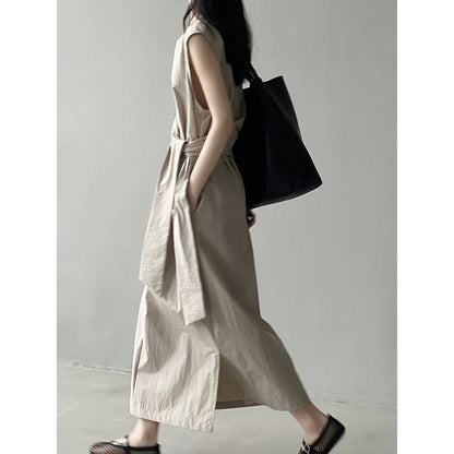 Yan Shuangfu Waist Belt Sleeveless Dress  Summer New Design Sense Tea Break  A- line Dress 9098