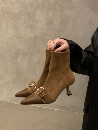 2025  kitten heel pointed thin short boots women's shoes popular new retro temperament high heel spring and autumn single boots