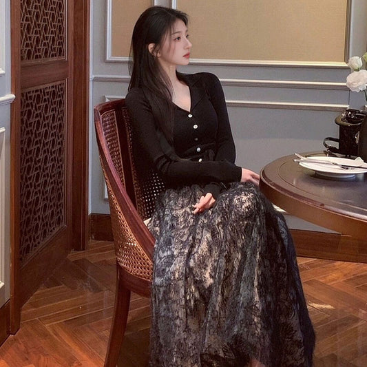 Pure desire wind lace temperament fishtail long dress winter thin advanced sense  sexy waist slim M1551