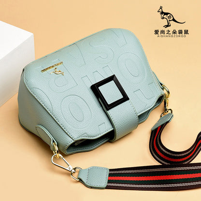 2025 Bag popular New Fashion Letter Embossed Shoulder Bag Simple Square Buckle Middle-aged Mom Bag Wide Shoulder Strap Crossbody Bag