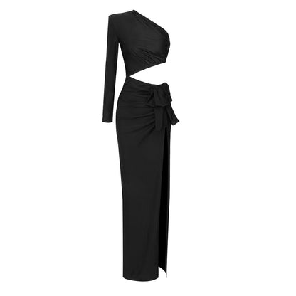 LOVECCR 2023 new black long-sleeved hollow waist split fork 2025 women's elastic dress slanted shoulder autumn and winter dress