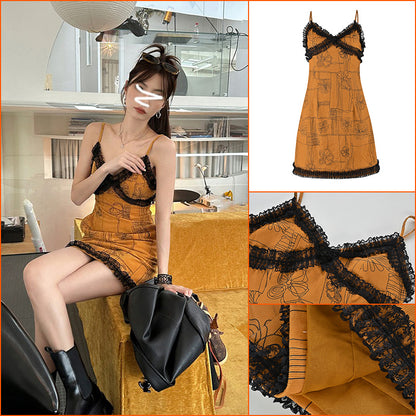 Stylish pure desire inner pit strip lace V-neck dress printed love sexy suspender short skirt spring L2536