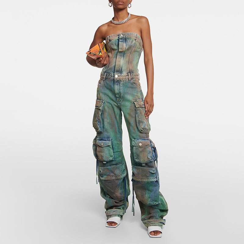 2025 new fashion spray color camouflage tube top integrated overalls  sexy babes jumpsuit women