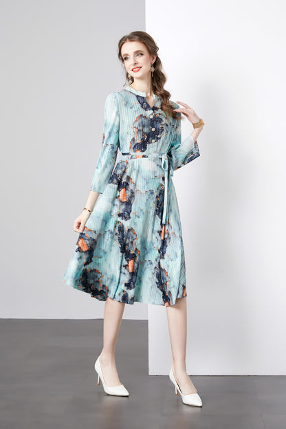 Temperament printed dress women's autumn new retro pleated round neck casual loose atmosphere and thin
