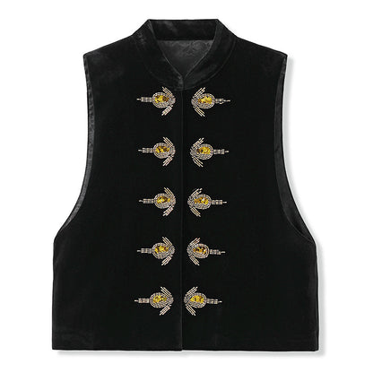 Solid color national style sequins simple vest new Chinese temperament high sense light luxury new black top women M6043