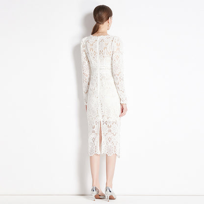 Spring and Autumn Premium Beige Heavy Industry Lace Long Sleeve V-Neck Dress High Waist Slim Fit Paper Man Pencil Long Dress