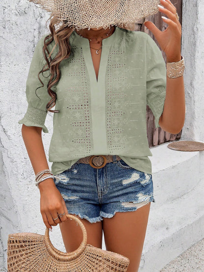 2025 spring and summer New  Popular,  and Popular trade v-neck bubble sleeves medium sleeves hollow hairball lace t-shirt top women