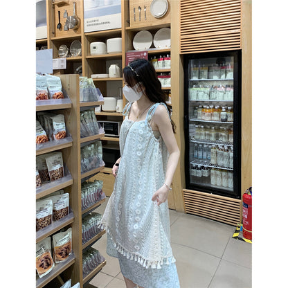 LOVERCCR  Retro Tassel Splicing Sling Dress Female Spring  New Sweet Vacation Style Temperament Slimming Long Dress