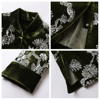 spring new new Chinese satin button-up top national style temperament jacquard green cotton jacket M3016