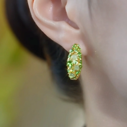 Temperament Fashion Green Full Diamond Opal Circle Earrings Niche Design Versatile Earrings Ear Buckles Temperament Earrings