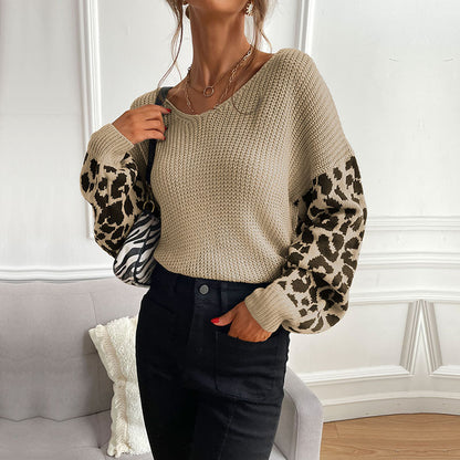 LOVECCR Popular trade autumn and winter popular new V-neck knitted pullover top loose and lazy leopard print splicing sweater women