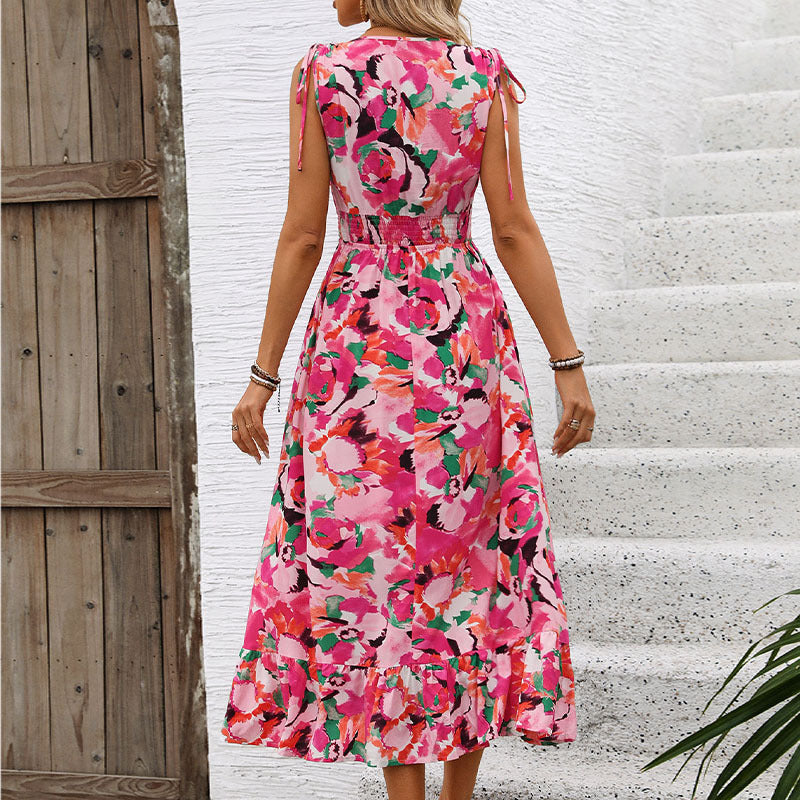 LOVECCR 2025  Hot summer new temu sleeveless sweet waist skirt foreign trade V-neck printed dress