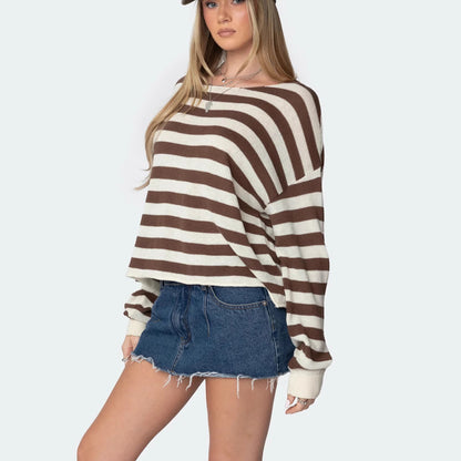 New new  knitted top women's casual loose striped long-sleeved pullover sweater women