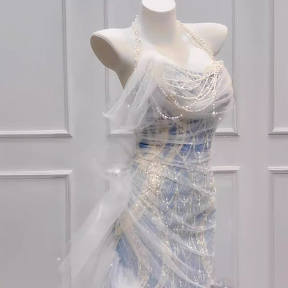LOVECCR  Light Blue Host Star Toast Clothing Halter Model Catwalk Beaded Annual Meeting Mermaid 18-Year-Old Adult Dress