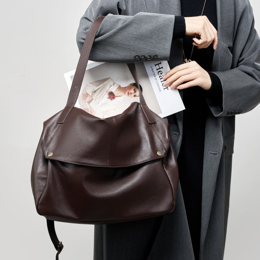 2025 Large-capacity textured cowhide tote bag versatile retro soft leather shoulder bag casual women's bag
