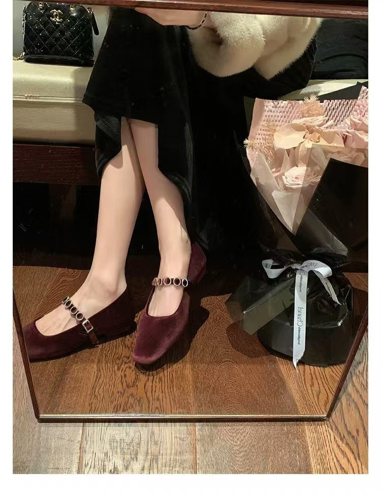 2025 Sheepskin version~ Grape mother  square head shallow mouth high heels one-word diamond belt versatile commuter Mary Jane single shoes women