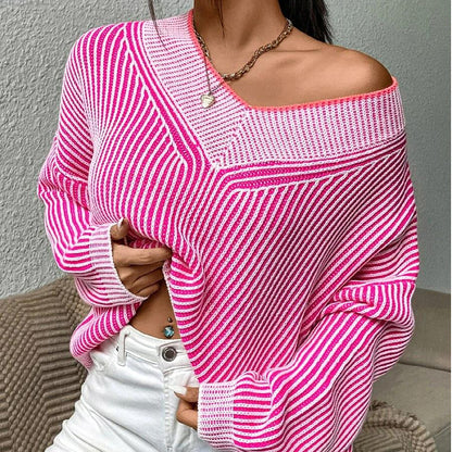 Popular, ,  autumn and winter V-neck loose and thin bat sleeve sweater striped contrasting color pullover knitted sweater top