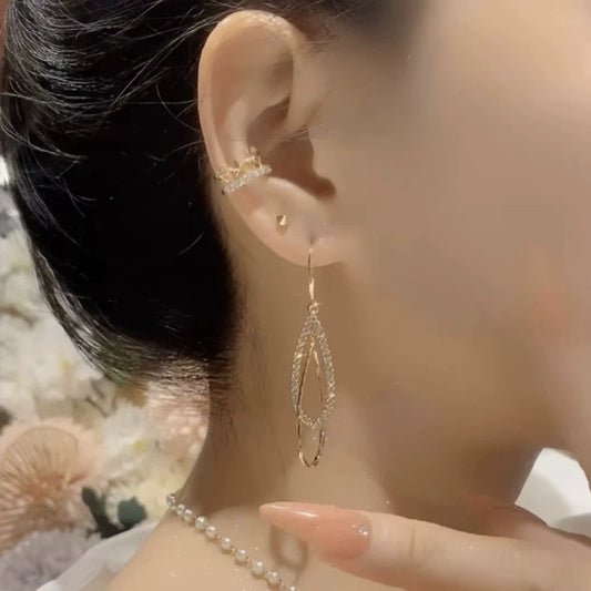 Temperament asymmetrical diamond-set water drop fringed earrings women's versatile face thin earrings light luxury high-end long earrings