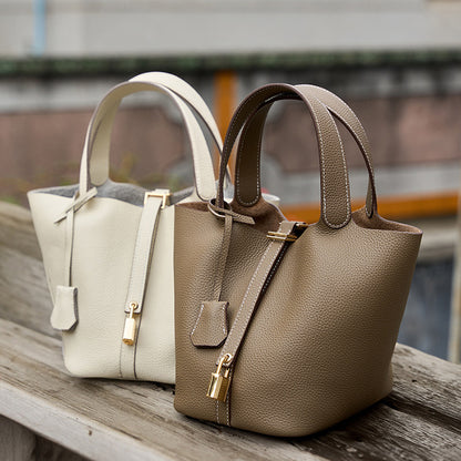 2025 Leather women's bag bucket bag versatile classic vegetable basket first layer cowhide women's bag  new handbag bag