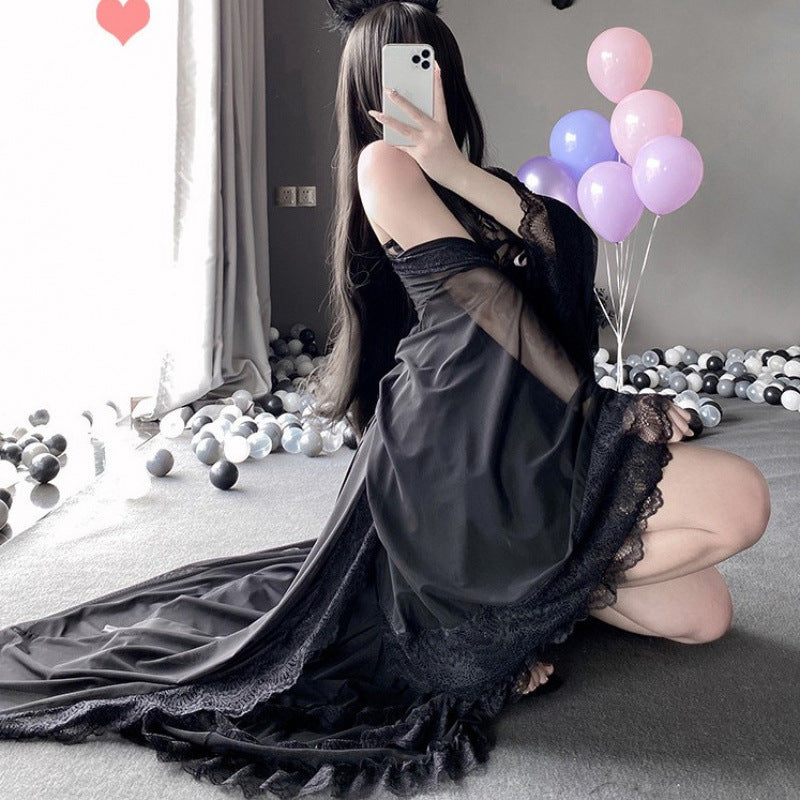 2025 court black lace see-through dress pajamas sexy emo underwear pajamas queen uniform temptation