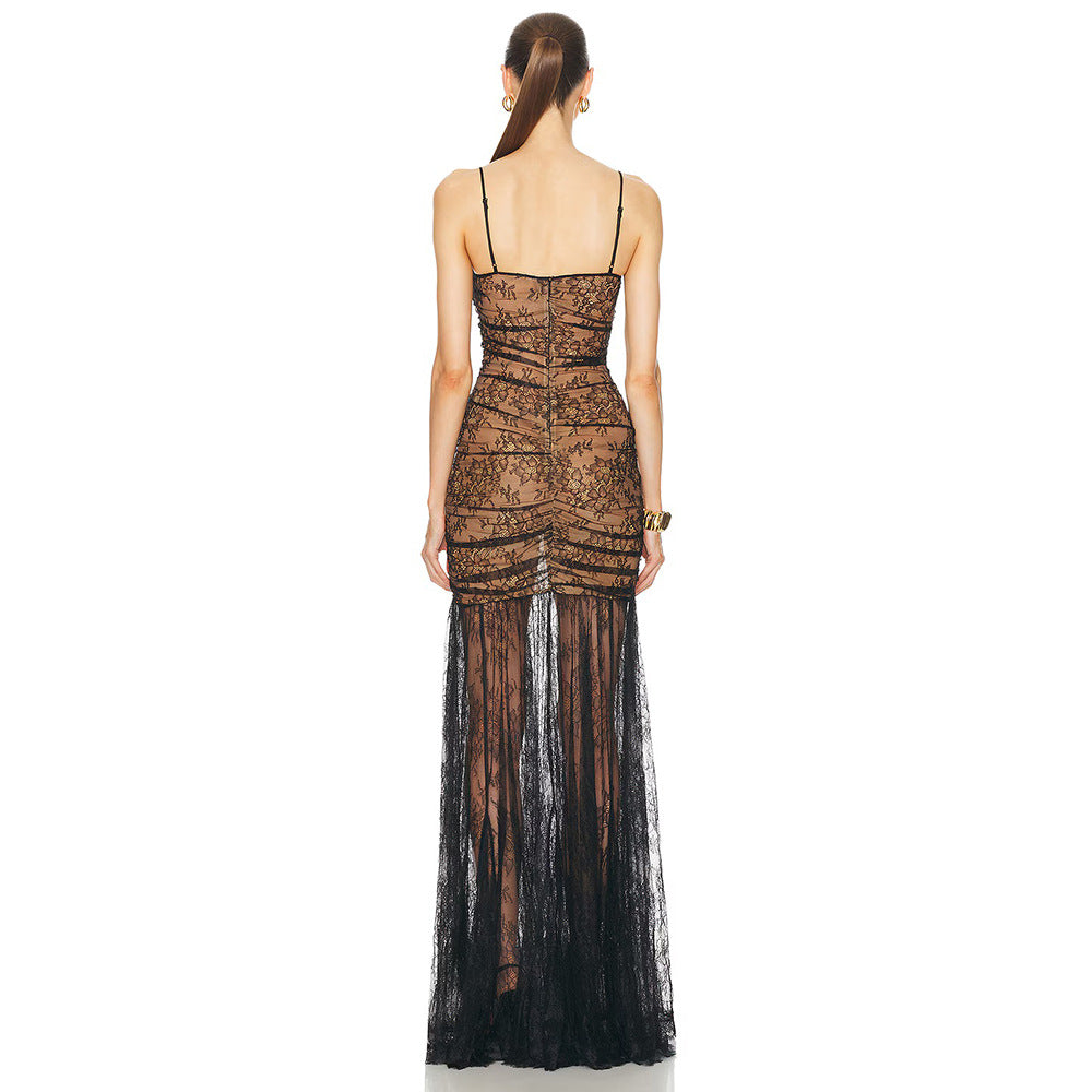 LOVECCR Preferred Popular trade 2025 new black shrunken lace suspender sleeveless long dress dress women's evening dress dress