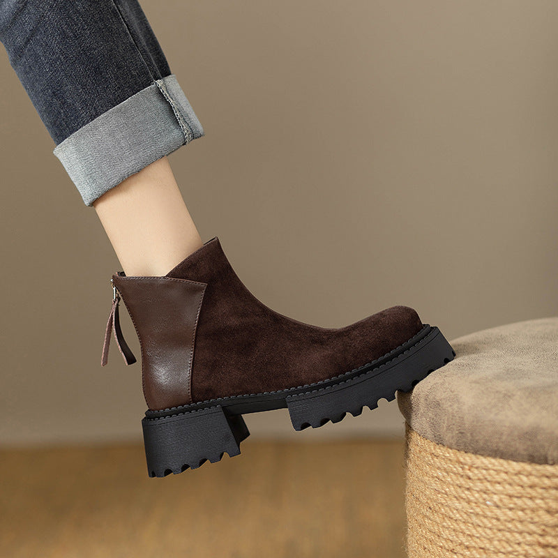 2025  Brown retro round head platform short boots popular autumn and winter new matte heightening versatile thick heel Martin boots women