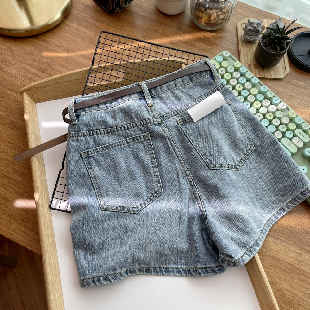 Retro Casual High Waist Denim Straight Shorts Women's Summer 2024 New Korean Style Slimming Wide Leg Pants with Belt