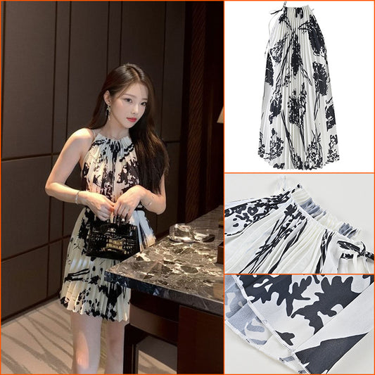 style  temperament neck-hanging sleeveless printed pleated dress/top popular summer new L6118