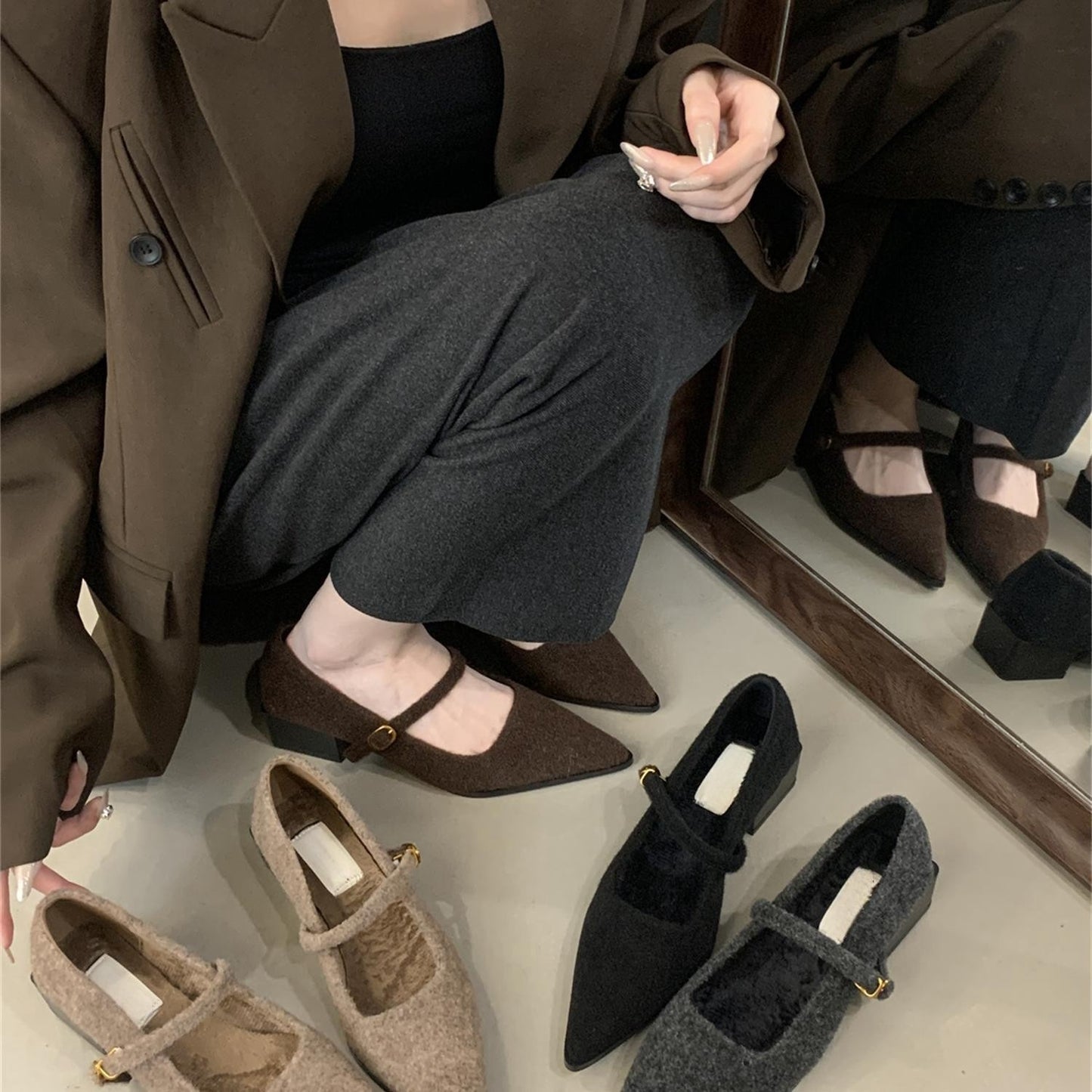 2025  Evening breeze gentle material shallow mouth single shoes velvet one-word buckle Mary Jane shoes pointed thick heel cotton ladyshoes women