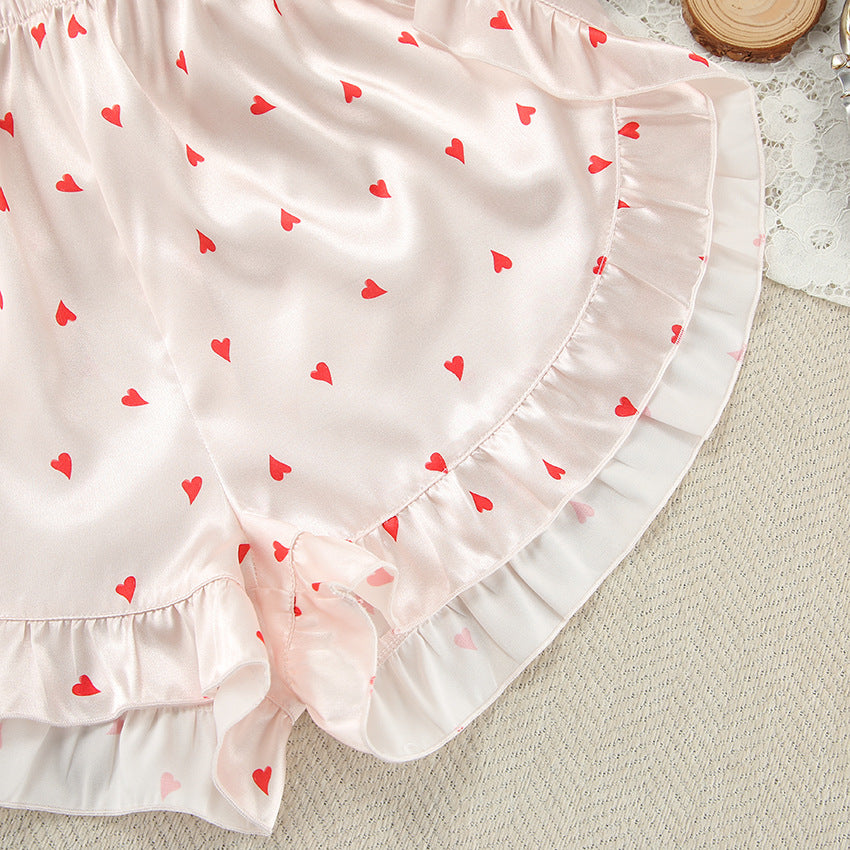 LOVECCR 2025 winter pajamas love printing fungus edge tube top long sleeve ruffle edge shorts three-piece women's loungewear