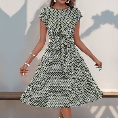 LOVECCR Summer short-sleeved lace-up pleated dress  temu hot sale fashionable women's clothing elegant temperament simple skirt