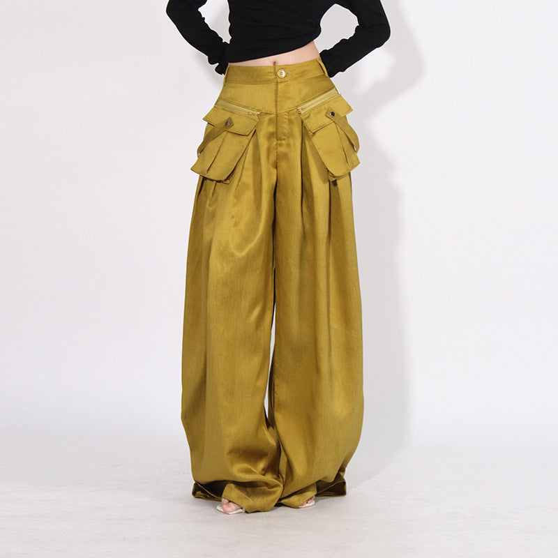 2025 spring new fashion loose wide-leg pants pleated splicing zipper pocket design straight casual trousers